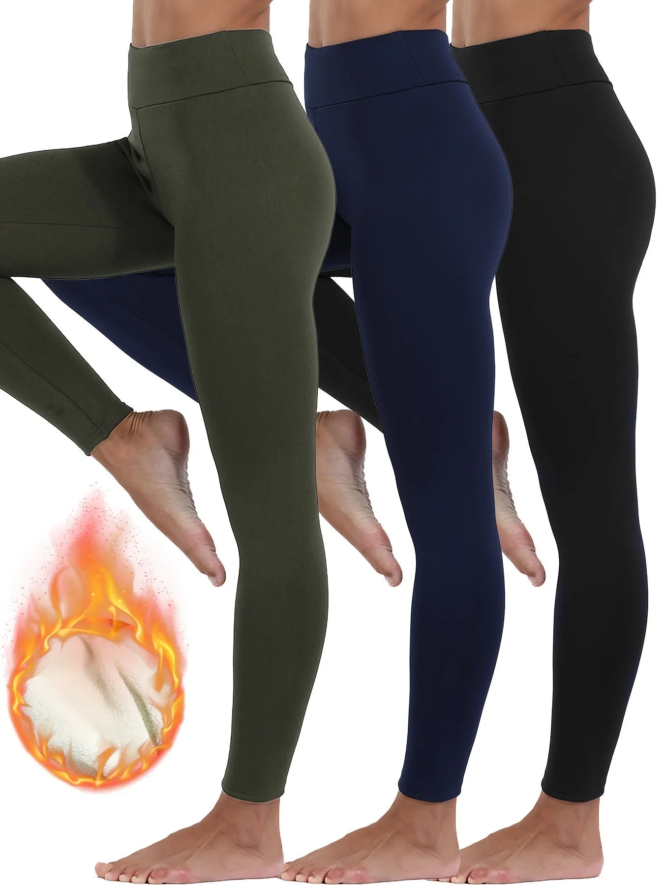 3-Pack Women's Solid Color Plush Lined High Waist Leggings, Casual Comfort Stretch Pants