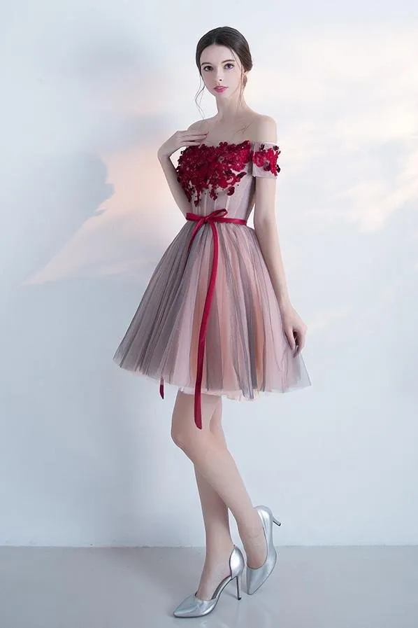A Line Red Off the Shoulder Above Knee Short Sleeve Flowers Homecoming Dresses Beautiful