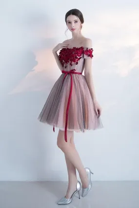 A Line Red Off the Shoulder Above Knee Short Sleeve Flowers Homecoming Dresses Beautiful