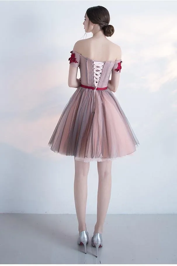 A Line Red Off the Shoulder Above Knee Short Sleeve Flowers Homecoming Dresses Beautiful