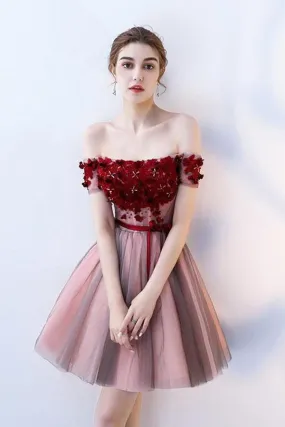 A Line Strapless Off the Shoulder Red Flowers Short Tulle Lace up Homecoming Dresses