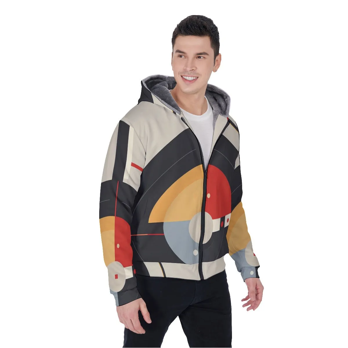 All-Over Print Men's Sherpa Fleece Zip Up Hoodie, a red, black and yellow abstract print, #25y