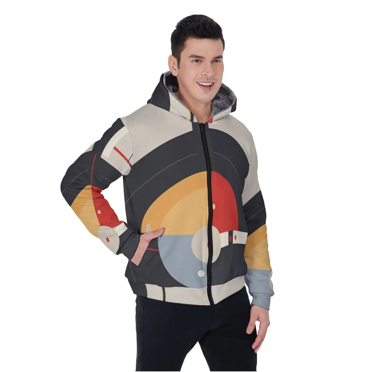 All-Over Print Men's Sherpa Fleece Zip Up Hoodie, a red, black and yellow abstract print, #25y