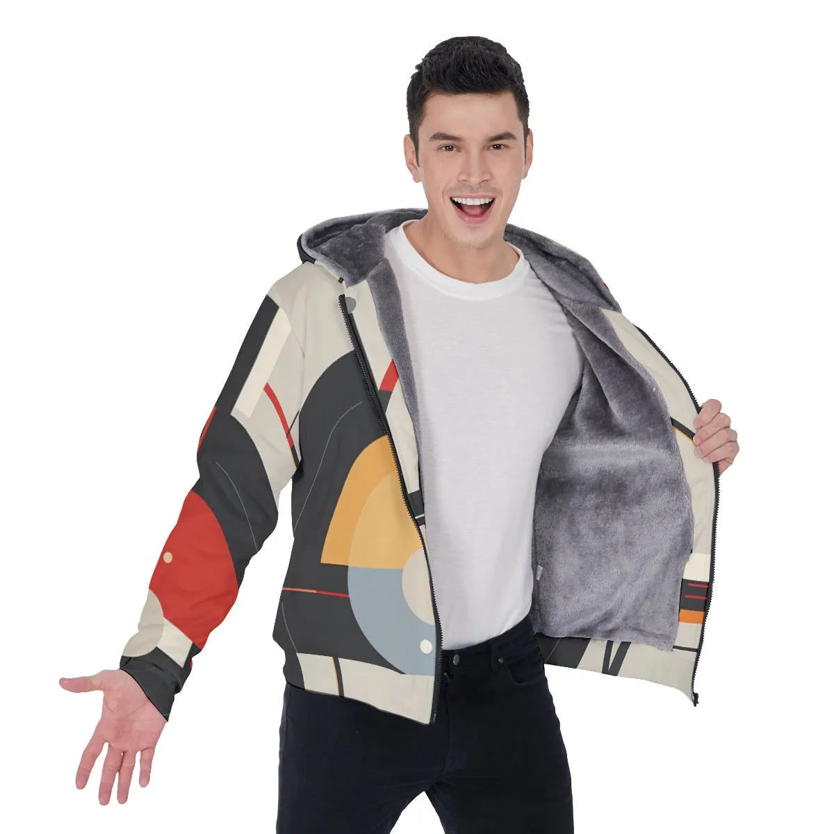 All-Over Print Men's Sherpa Fleece Zip Up Hoodie, a red, black and yellow abstract print, #25y