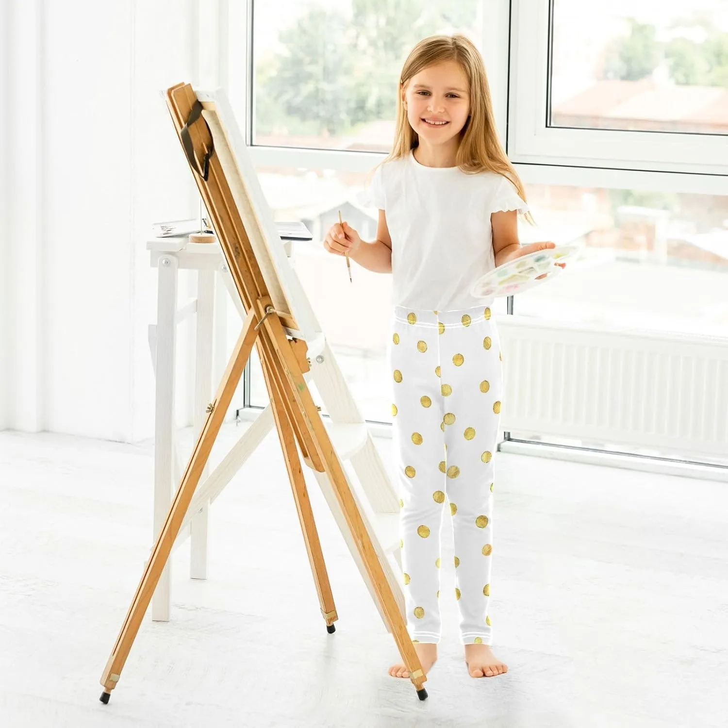 Aslsiy Gold Dots Girls Leggings White Toddler Stretch Tights Pants