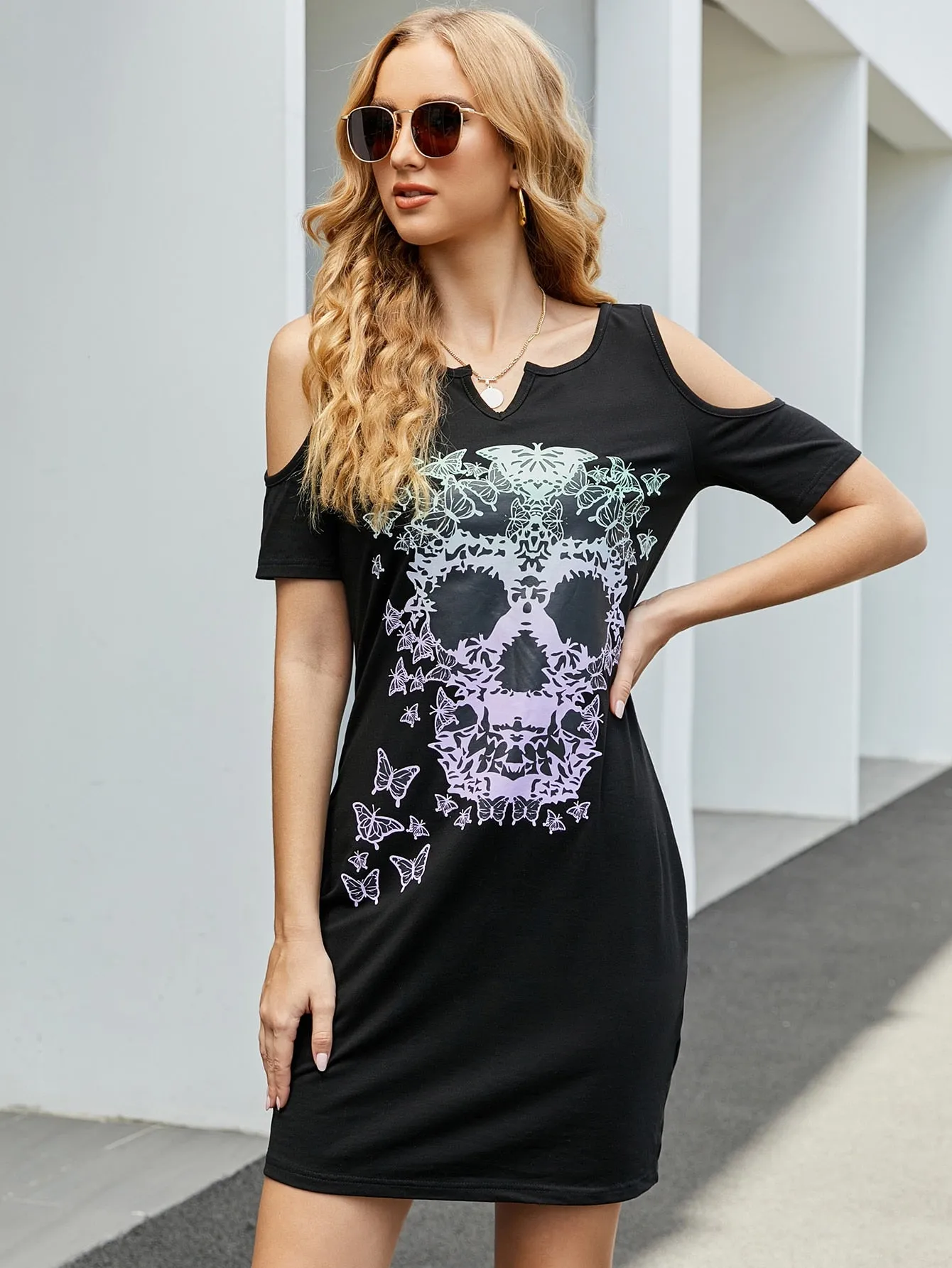 Butterfly Cut Out Short Sleeve Notched Straight Natural Short Dress