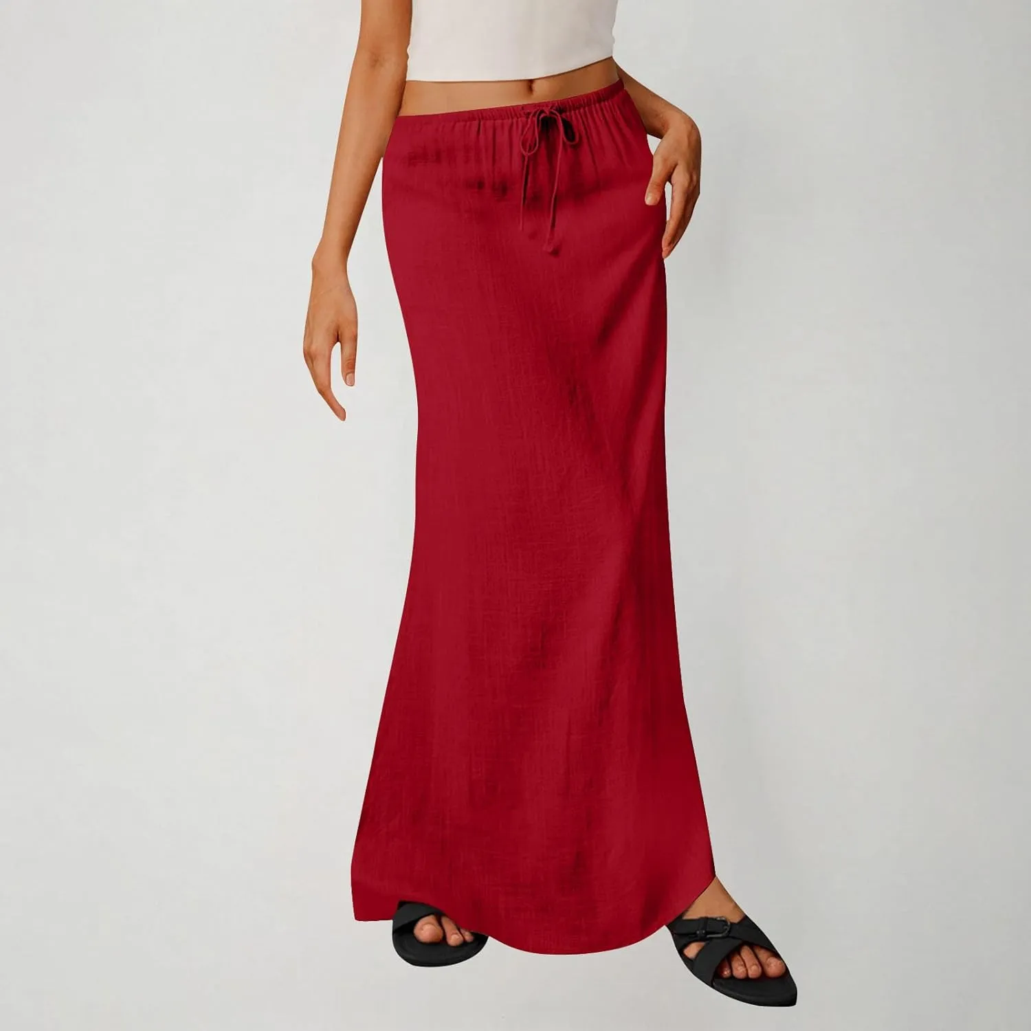 DDAPJ pyju Womens Linen Maxi Skirts Drawstring Waist A Line Skirts Beach Vacation Boho Long Skirt 2025 Summer Casual Outfits
