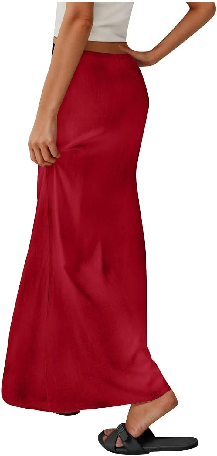 DDAPJ pyju Womens Linen Maxi Skirts Drawstring Waist A Line Skirts Beach Vacation Boho Long Skirt 2025 Summer Casual Outfits