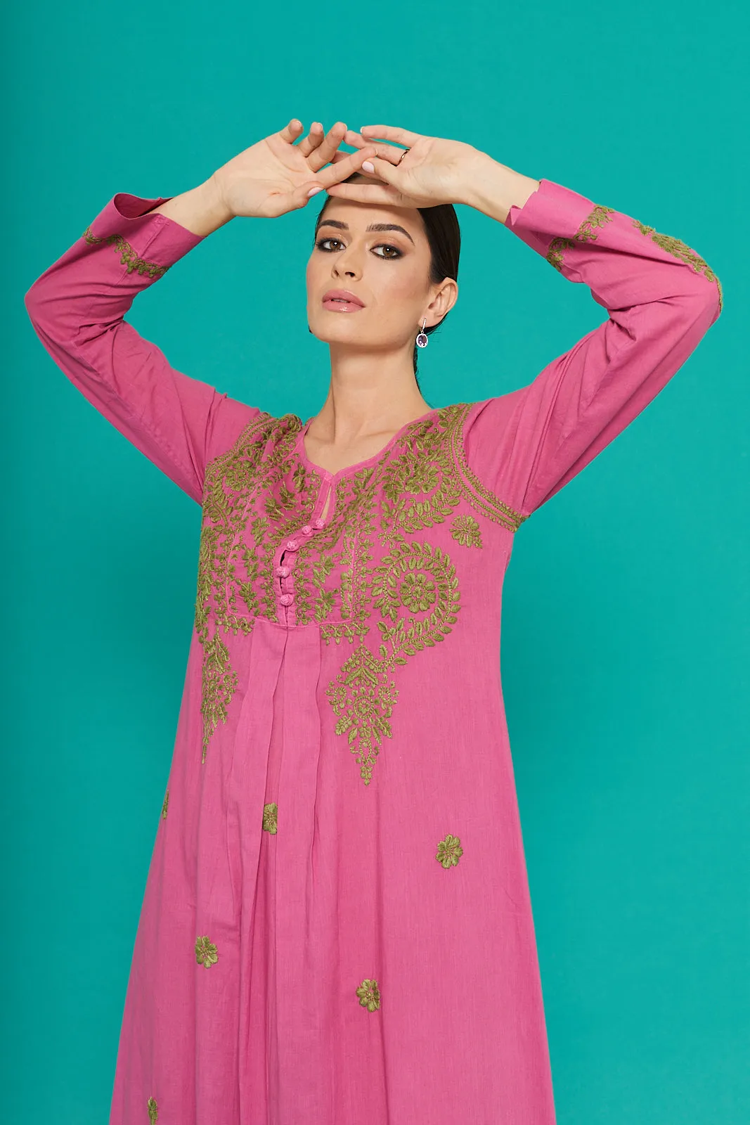 Embroidered Chikankari Kaftan in Dry Rose