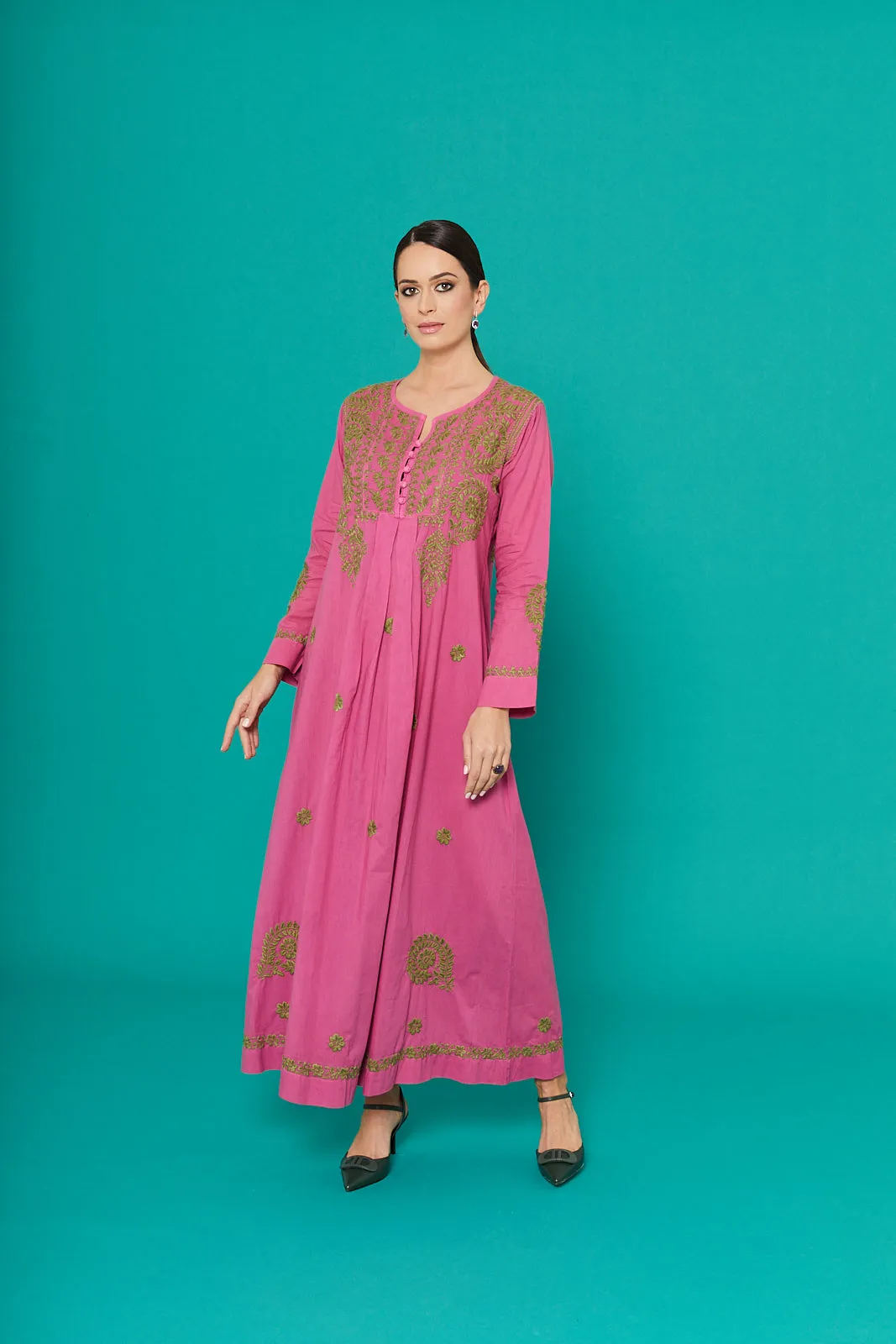 Embroidered Chikankari Kaftan in Dry Rose