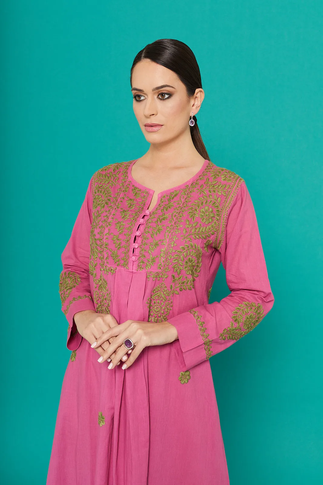 Embroidered Chikankari Kaftan in Dry Rose