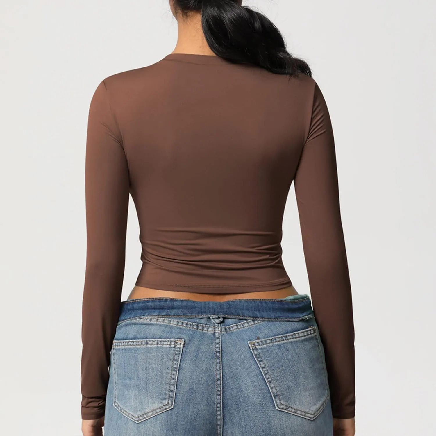HGps8w Women's Long Sleeve Crop Workout Tops Casual Basic Solid Crewneck Slim Fitted Quick Dry Athletic Shirts