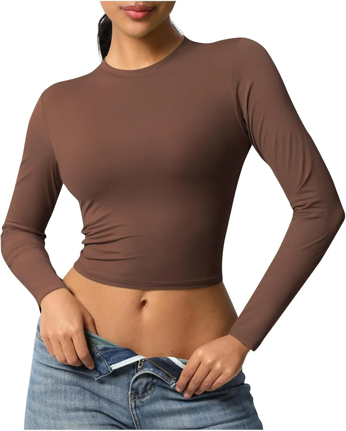 HGps8w Women's Long Sleeve Crop Workout Tops Casual Basic Solid Crewneck Slim Fitted Quick Dry Athletic Shirts