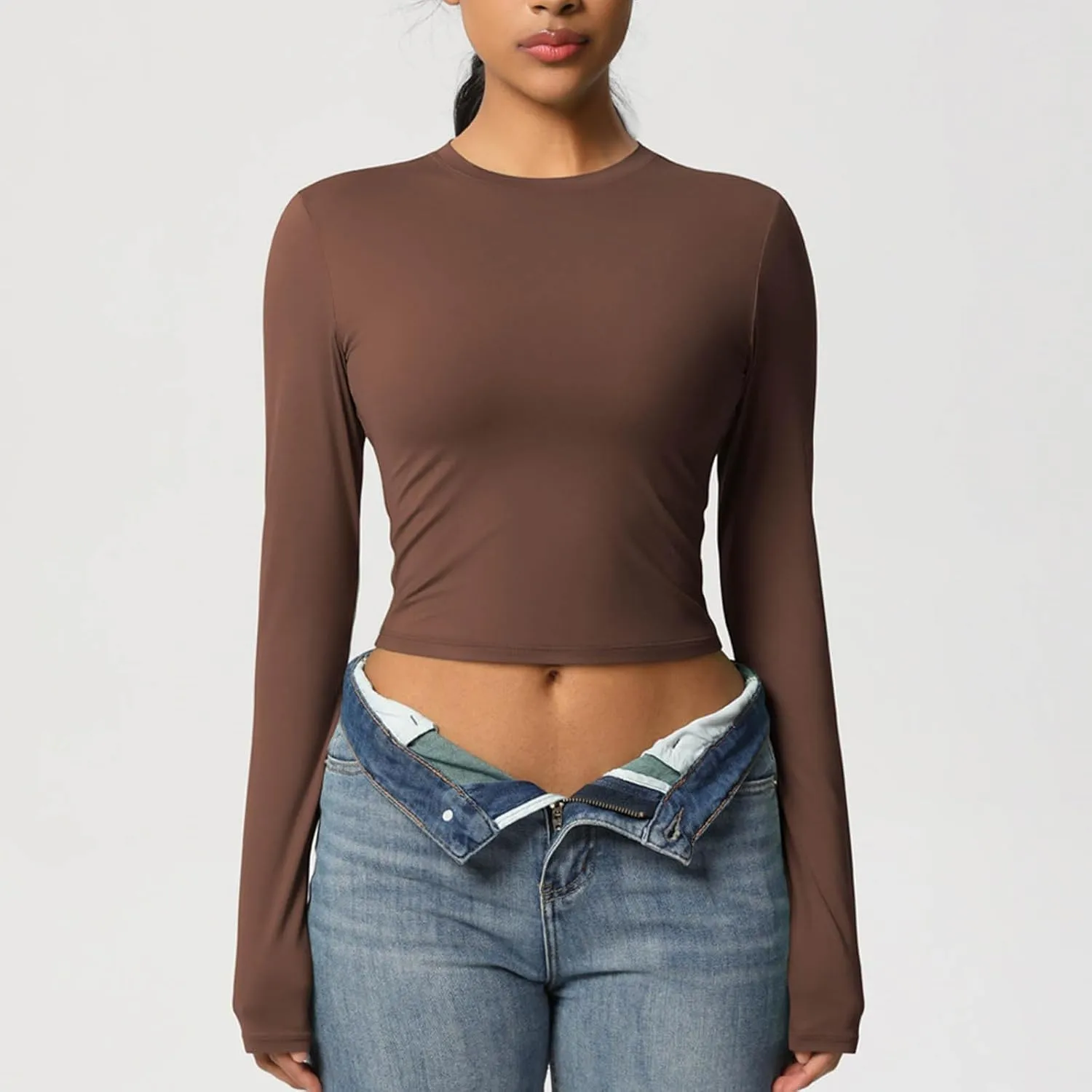 HGps8w Women's Long Sleeve Crop Workout Tops Casual Basic Solid Crewneck Slim Fitted Quick Dry Athletic Shirts