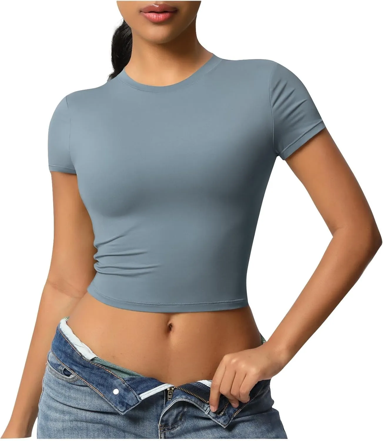 HGps8w Women's Short Sleeve Crop Workout Tops Basic Solid Crewneck Casual 2025 Summer Slim Fitted Quick Dry Athletic Shirts