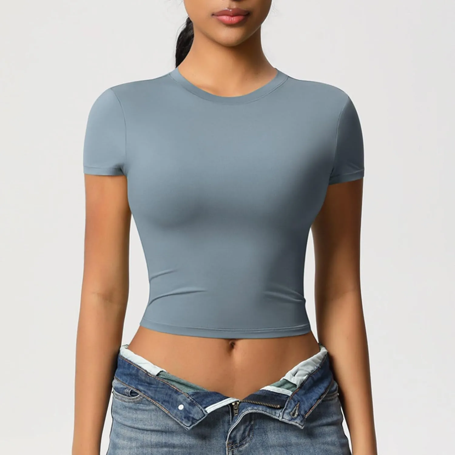 HGps8w Women's Short Sleeve Crop Workout Tops Basic Solid Crewneck Casual 2025 Summer Slim Fitted Quick Dry Athletic Shirts