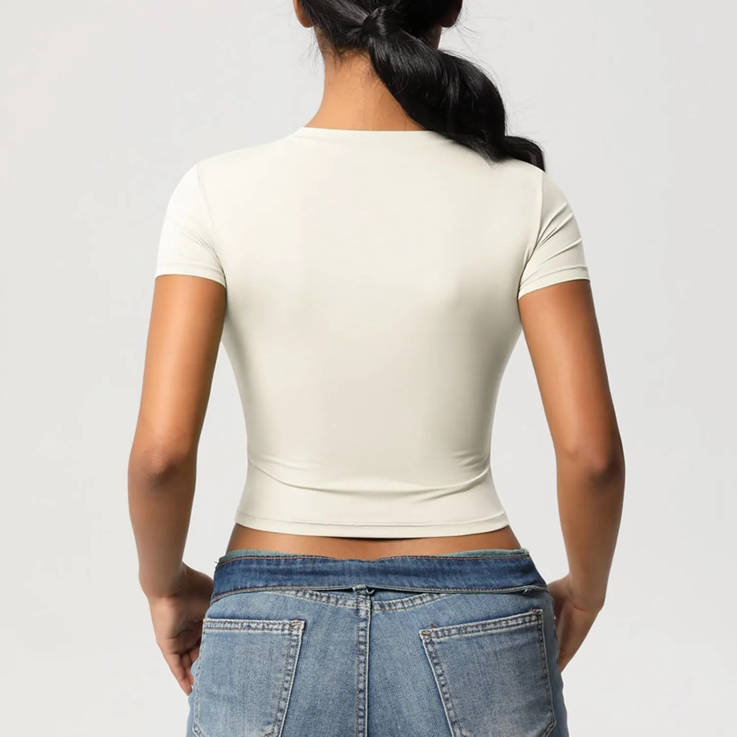 HGps8w Women's Short Sleeve Crop Workout Tops Basic Solid Crewneck Casual 2025 Summer Slim Fitted Quick Dry Athletic Shirts