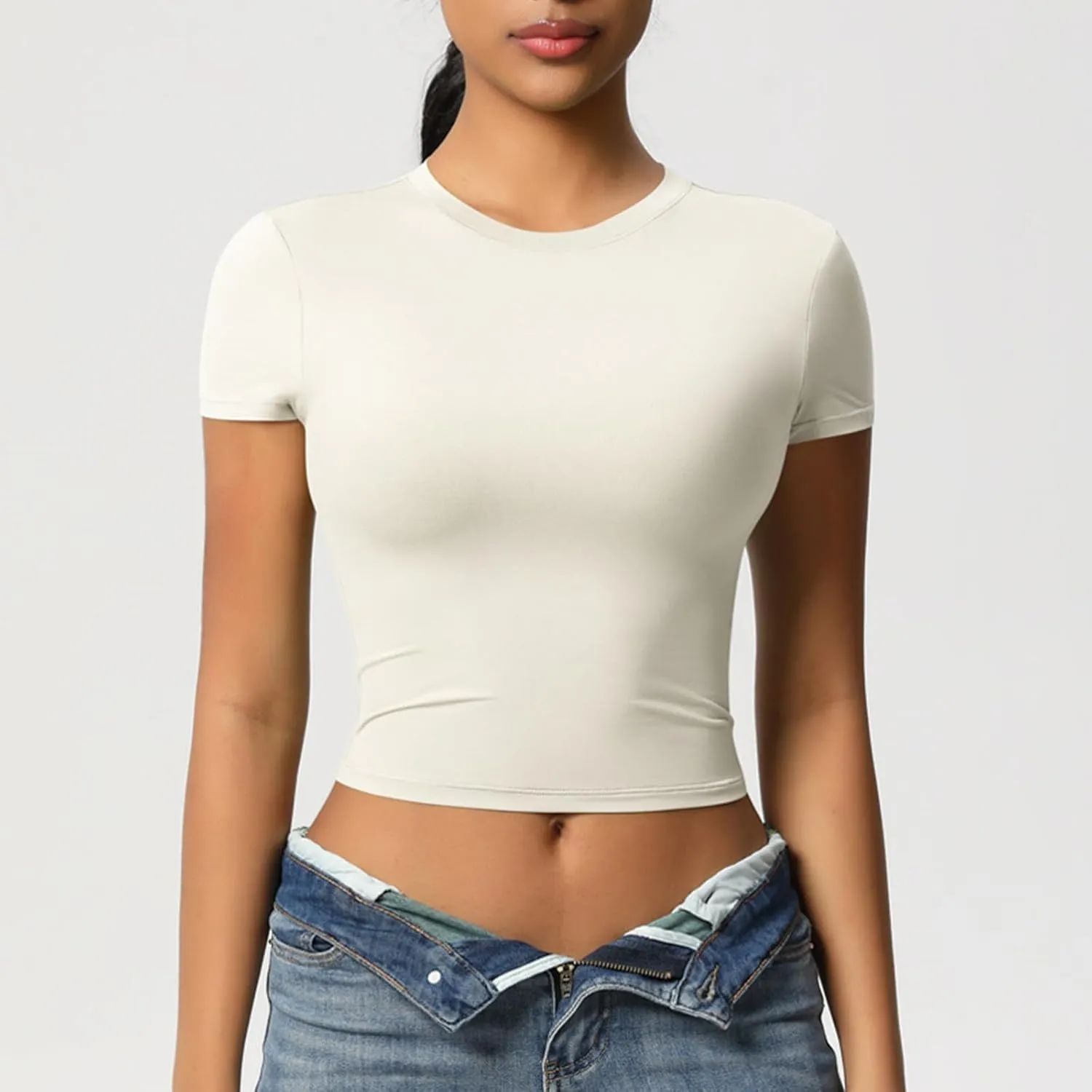 HGps8w Women's Short Sleeve Crop Workout Tops Basic Solid Crewneck Casual 2025 Summer Slim Fitted Quick Dry Athletic Shirts