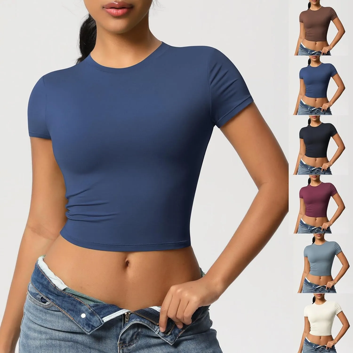 HGps8w Women's Short Sleeve Crop Workout Tops Basic Solid Crewneck Casual 2025 Summer Slim Fitted Quick Dry Athletic Shirts
