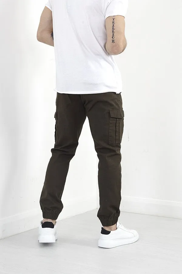 LIGHT KHAKI COTTON TWILL CUFFED CARGO STYLE TROUSERS