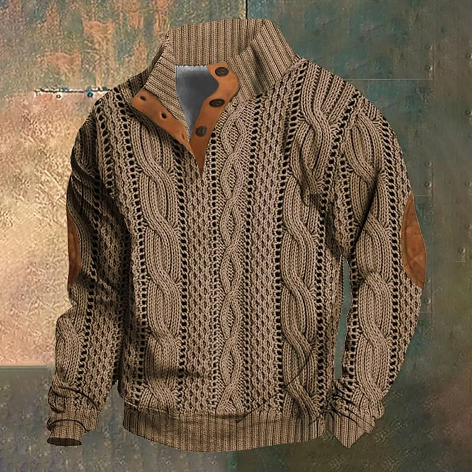 Mens Casual Twist Pattern Pullover Sweatshirts Long Sleeve Cable Knit Sweater Stand Collar Button Up Thermal Pullover