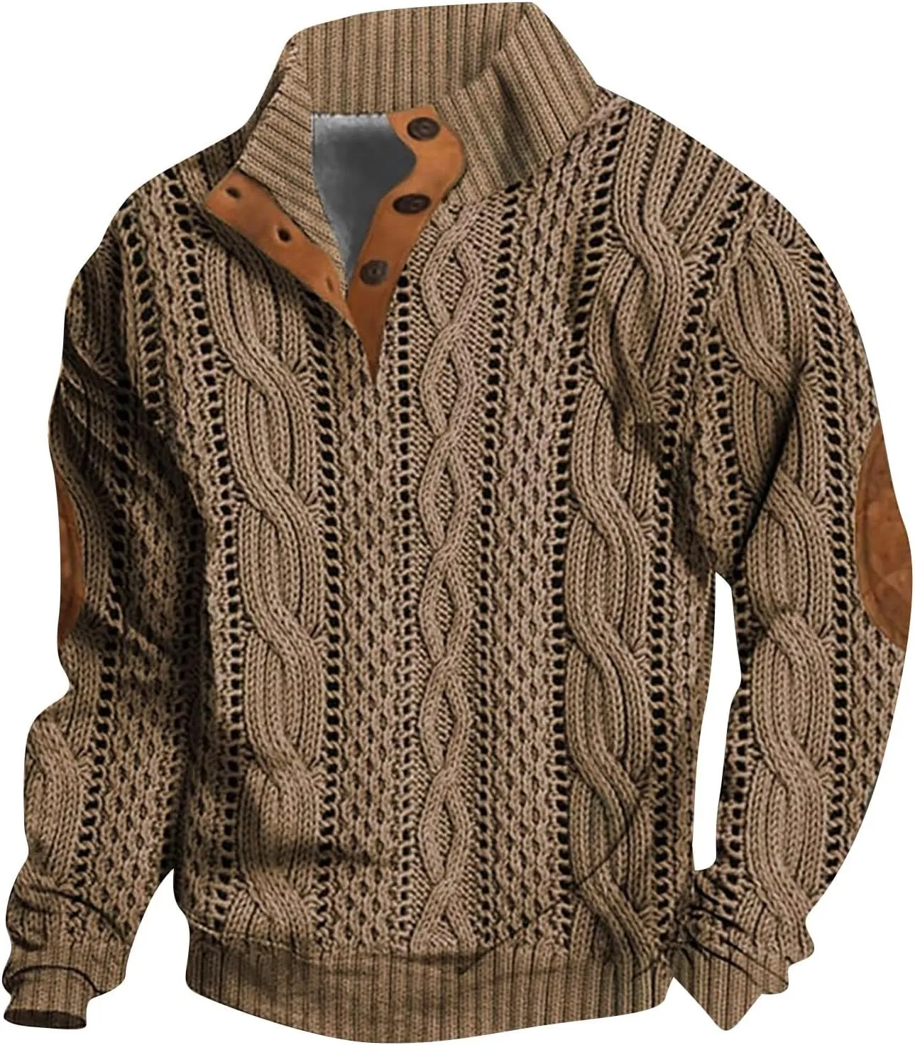 Mens Casual Twist Pattern Pullover Sweatshirts Long Sleeve Cable Knit Sweater Stand Collar Button Up Thermal Pullover