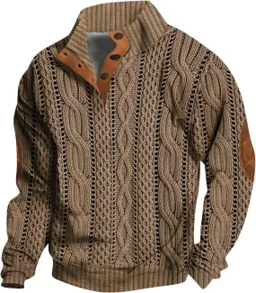 Mens Casual Twist Pattern Pullover Sweatshirts Long Sleeve Cable Knit Sweater Stand Collar Button Up Thermal Pullover