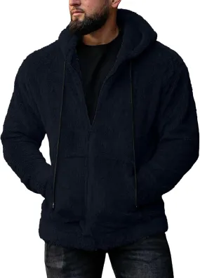 Mens Fuzzy Sherpa Jacket Hoodie Fluffy Fleece Open Front Cardigan Full Zip Up Soft Coat Fall Outwear with Pockets