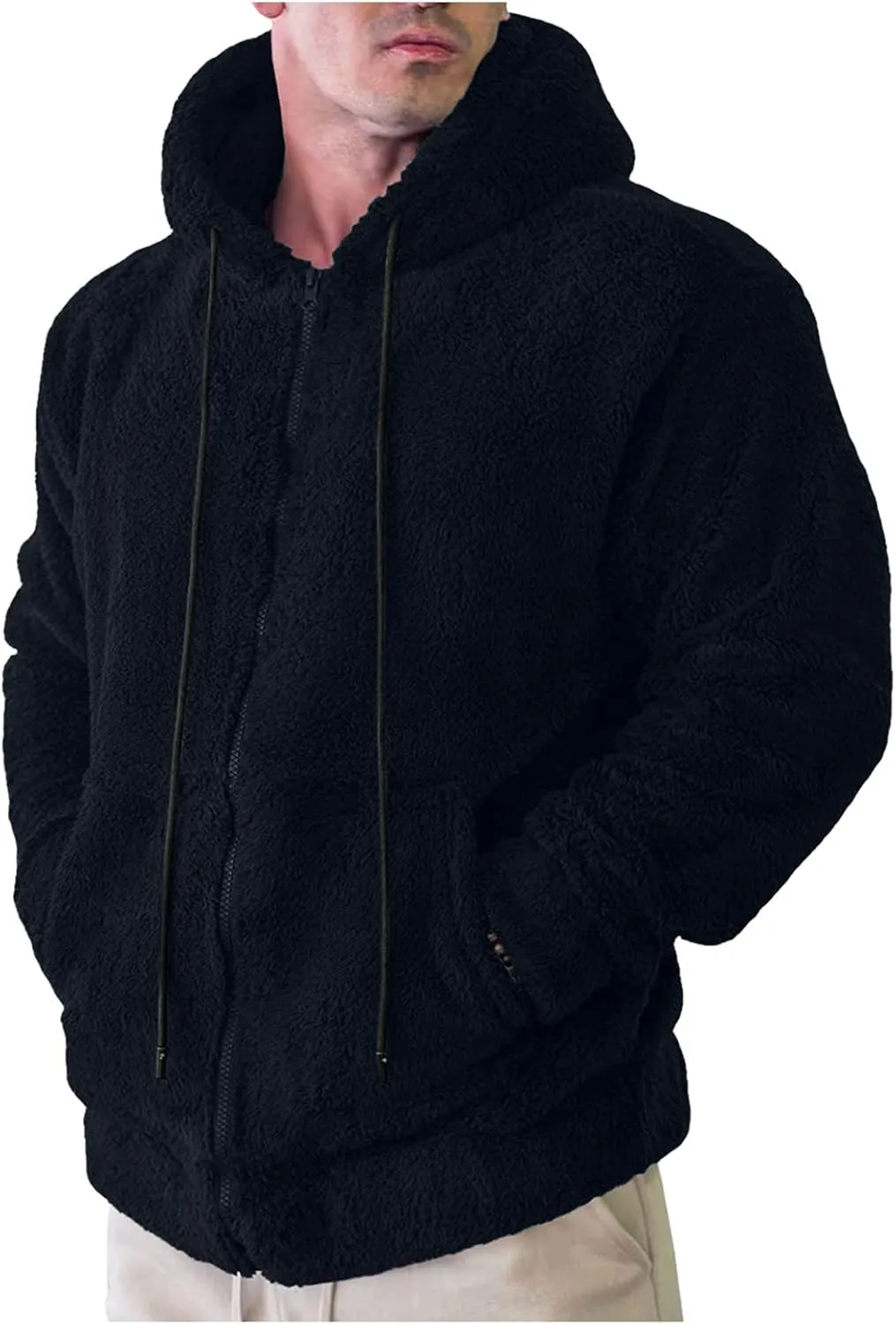 Mens Fuzzy Sherpa Jacket Hoodie Fluffy Fleece Open Front Cardigan Full Zip Up Soft Coat Fall Outwear with Pockets
