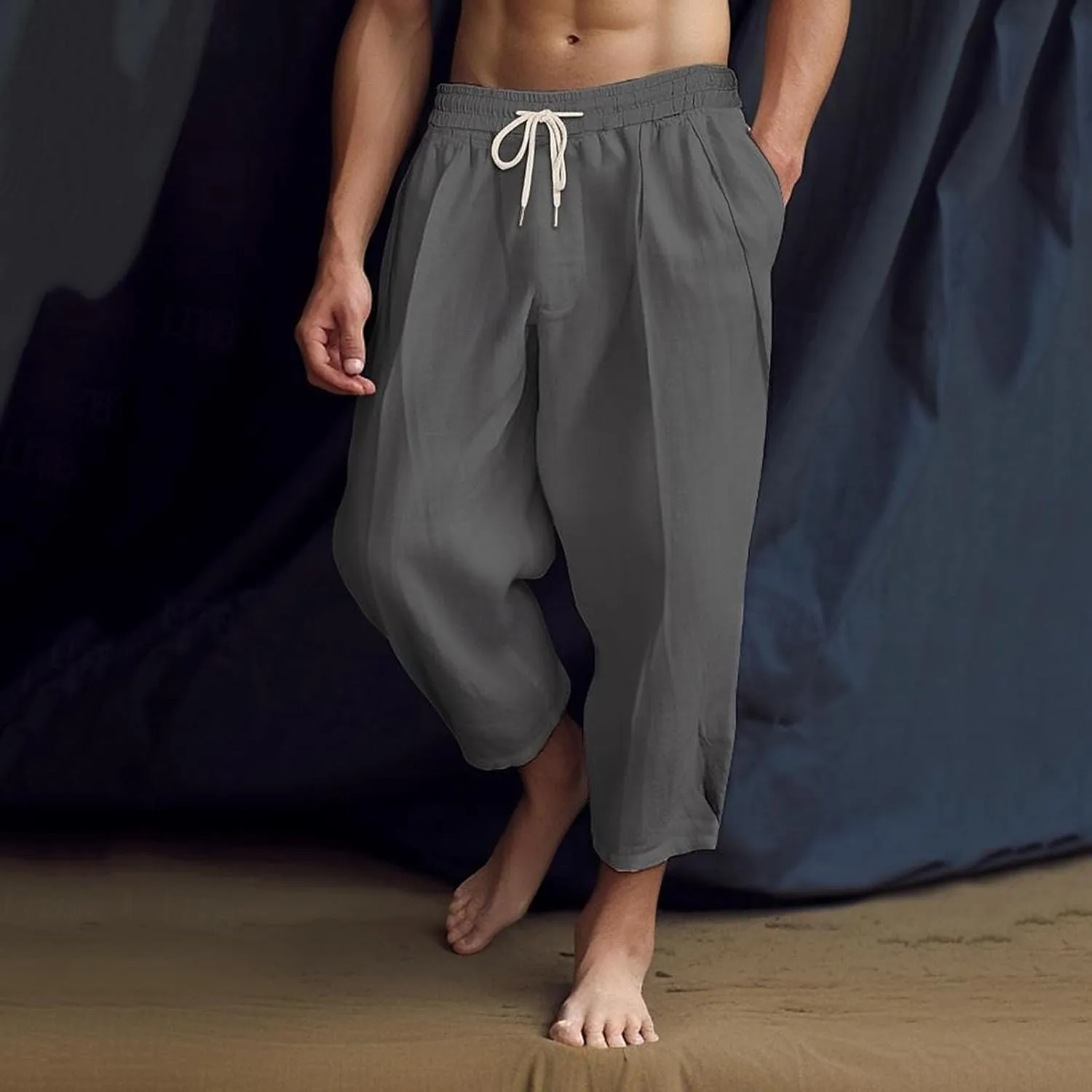Mens Linen Pants Lightweight Loose and Light Running Workout Gym Track Pants Multi-Pocket Summer Beach Yoga Trousers