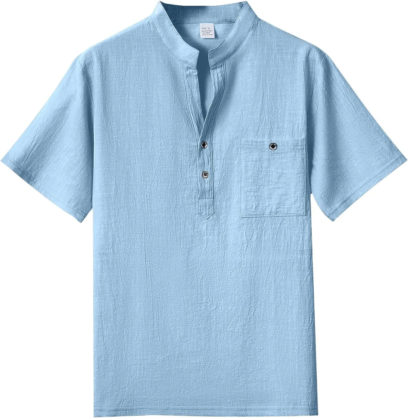 Men's Summer Cotton Linen Shirts Casual Short Sleeve Breathable Outdoor T-Shirt Collar Henley Tops for Beach Vacation