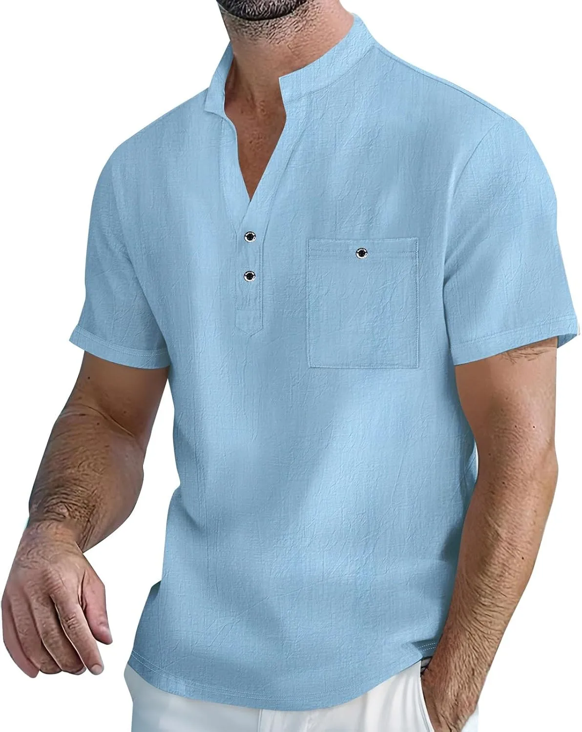 Men's Summer Cotton Linen Shirts Casual Short Sleeve Breathable Outdoor T-Shirt Collar Henley Tops for Beach Vacation