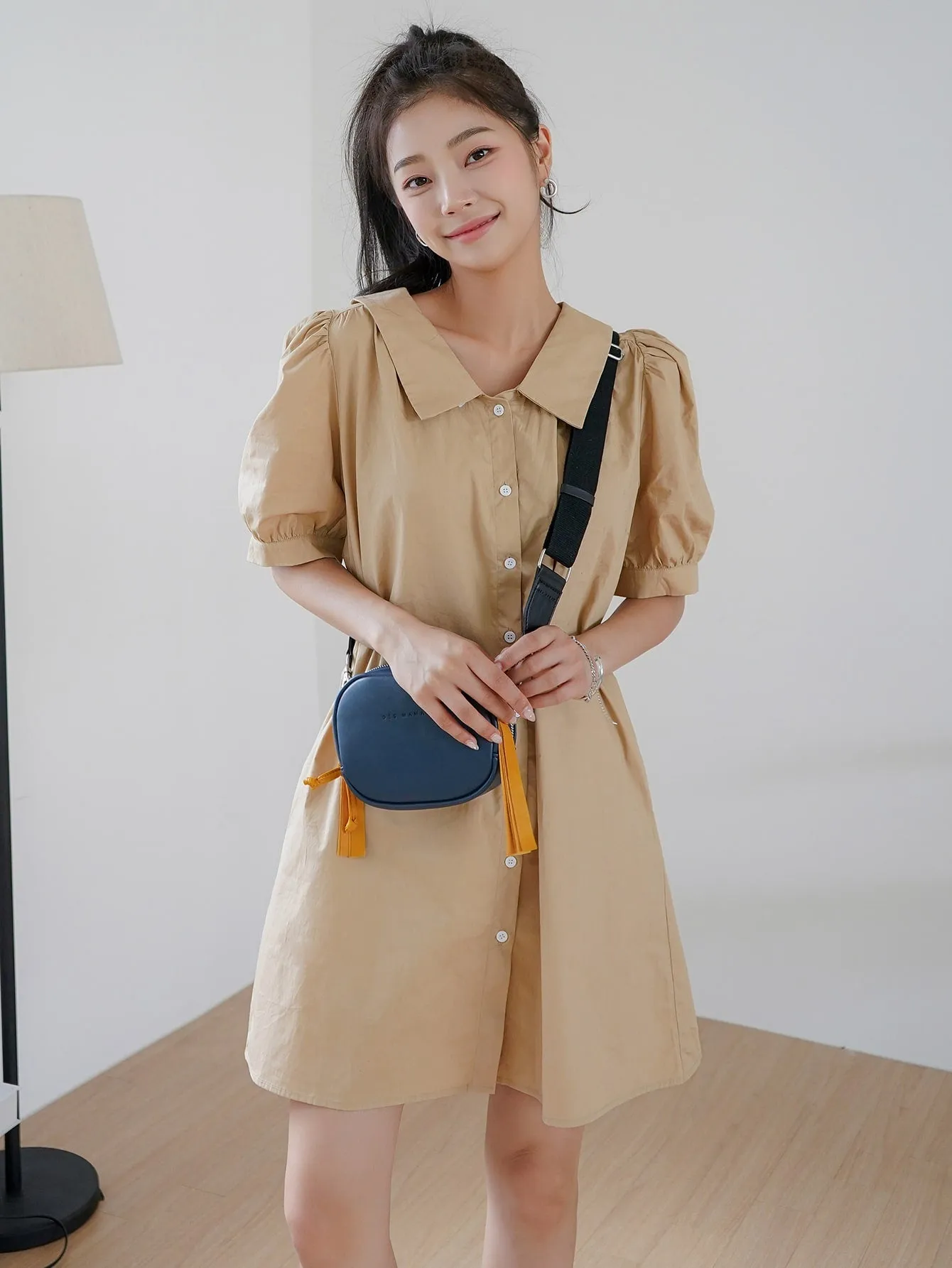 Plain Button Front Short Sleeve Peter Pan Collar Straight Short Dress