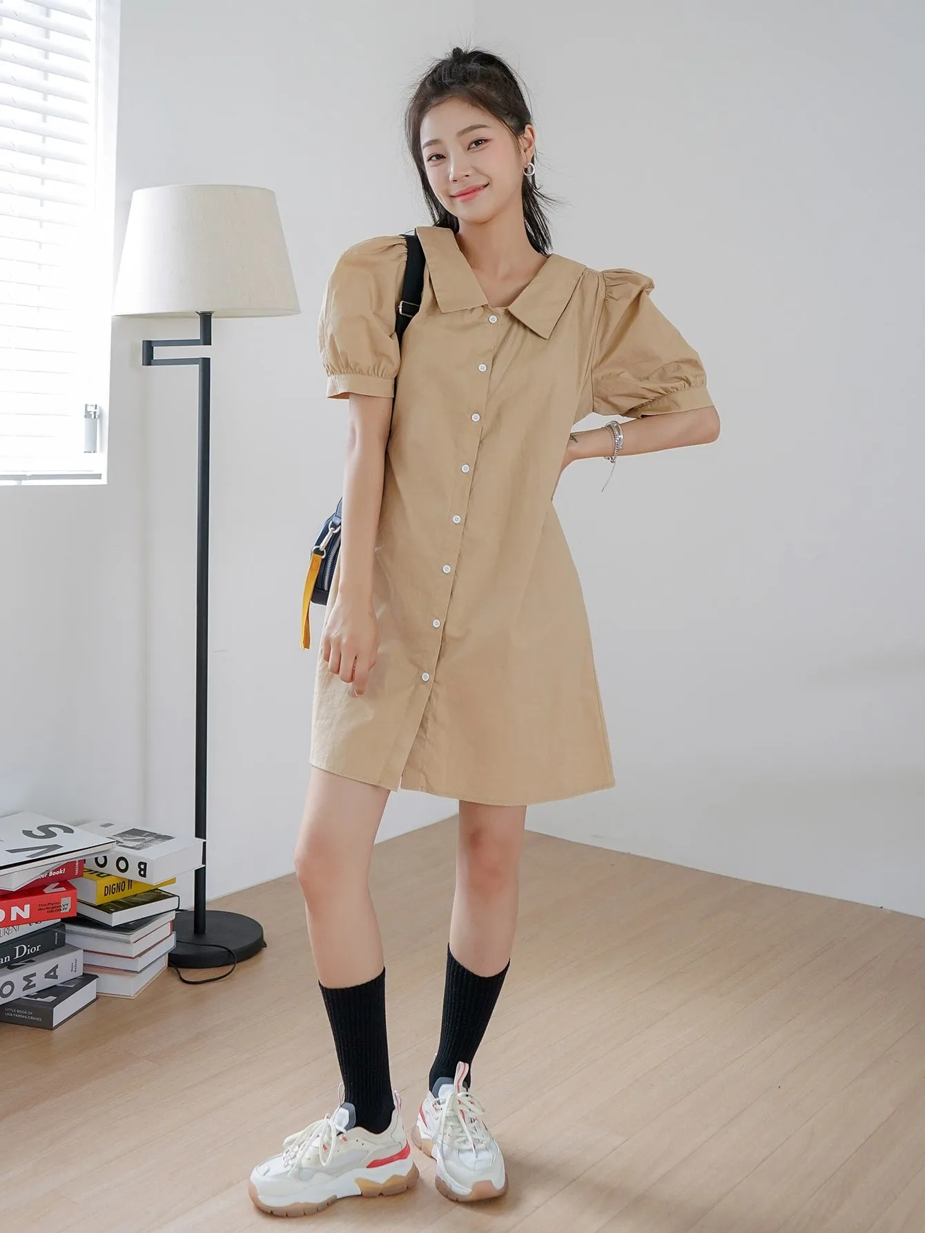 Plain Button Front Short Sleeve Peter Pan Collar Straight Short Dress