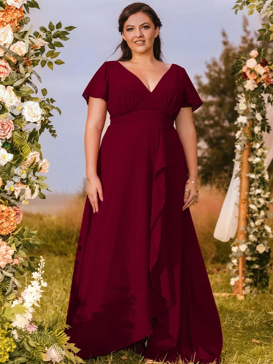 Plus Size Red Bridesmaid Dresses V Neck Chiffon