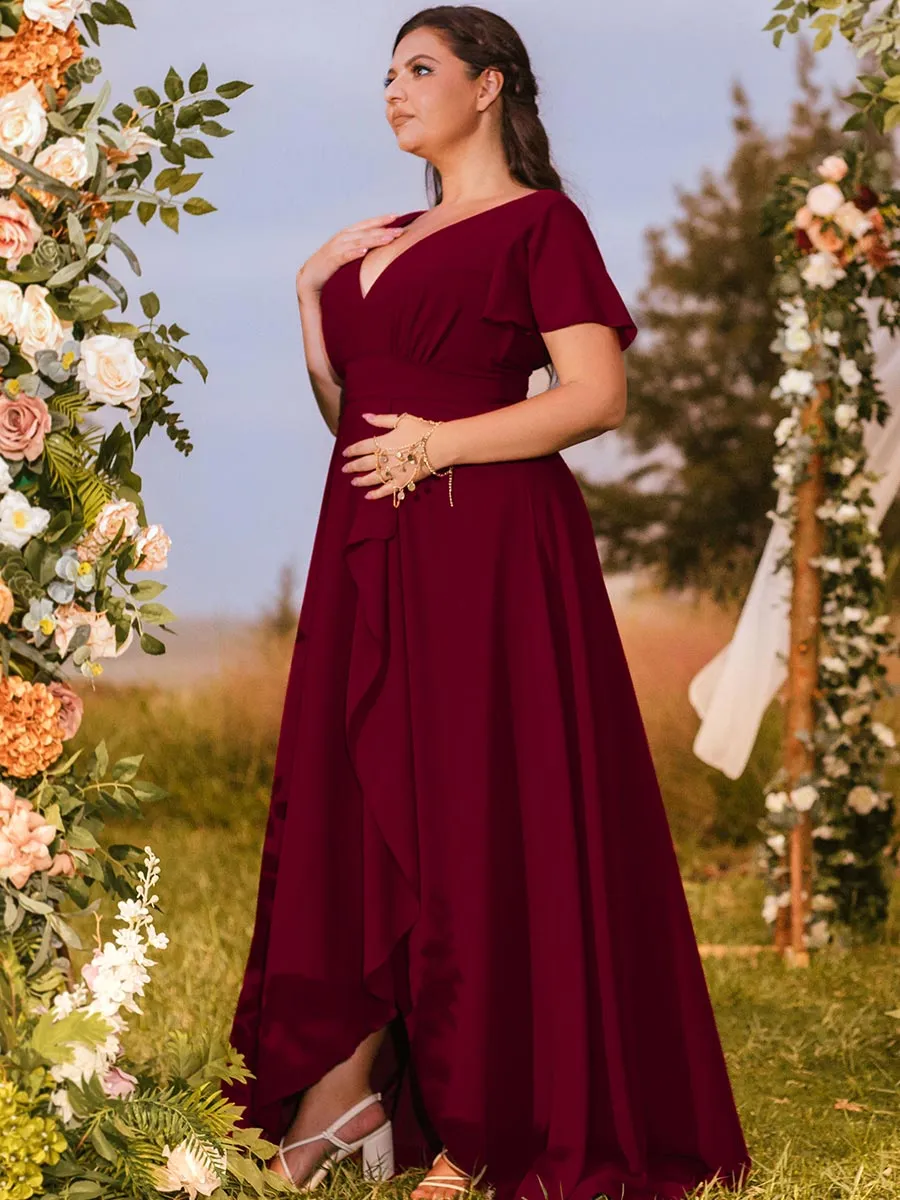 Plus Size Red Bridesmaid Dresses V Neck Chiffon