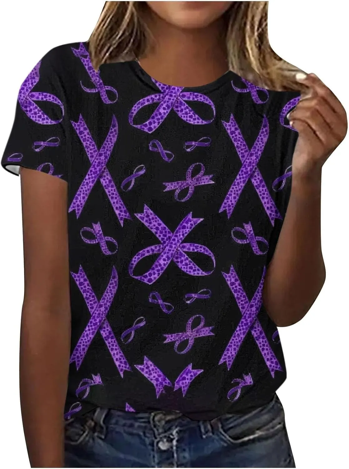 Purple Alzheimers Awareness Shirts Women Summer Floral Print Tops Soft O Neck Short Sleeve Lightweight Breathable Tee