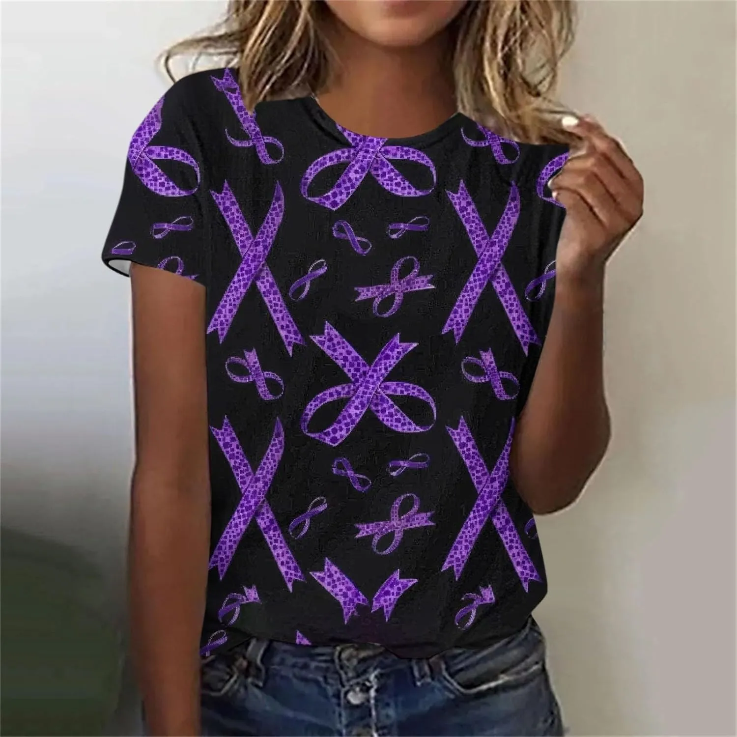 Purple Alzheimers Awareness Shirts Women Summer Floral Print Tops Soft O Neck Short Sleeve Lightweight Breathable Tee