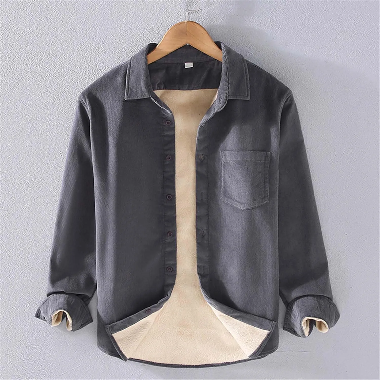 Sherpa Lined Shirt Men Plus Size Long Sleeve Cotton Snap Button Shirts Thermal Winter Casual Jacket with Chest Pocket