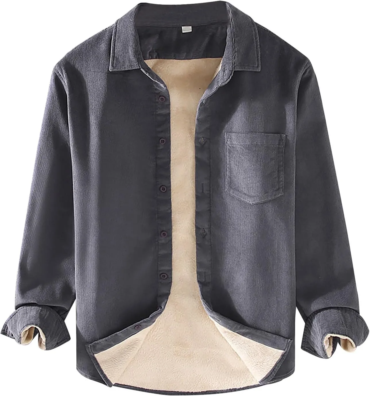 Sherpa Lined Shirt Men Plus Size Long Sleeve Cotton Snap Button Shirts Thermal Winter Casual Jacket with Chest Pocket