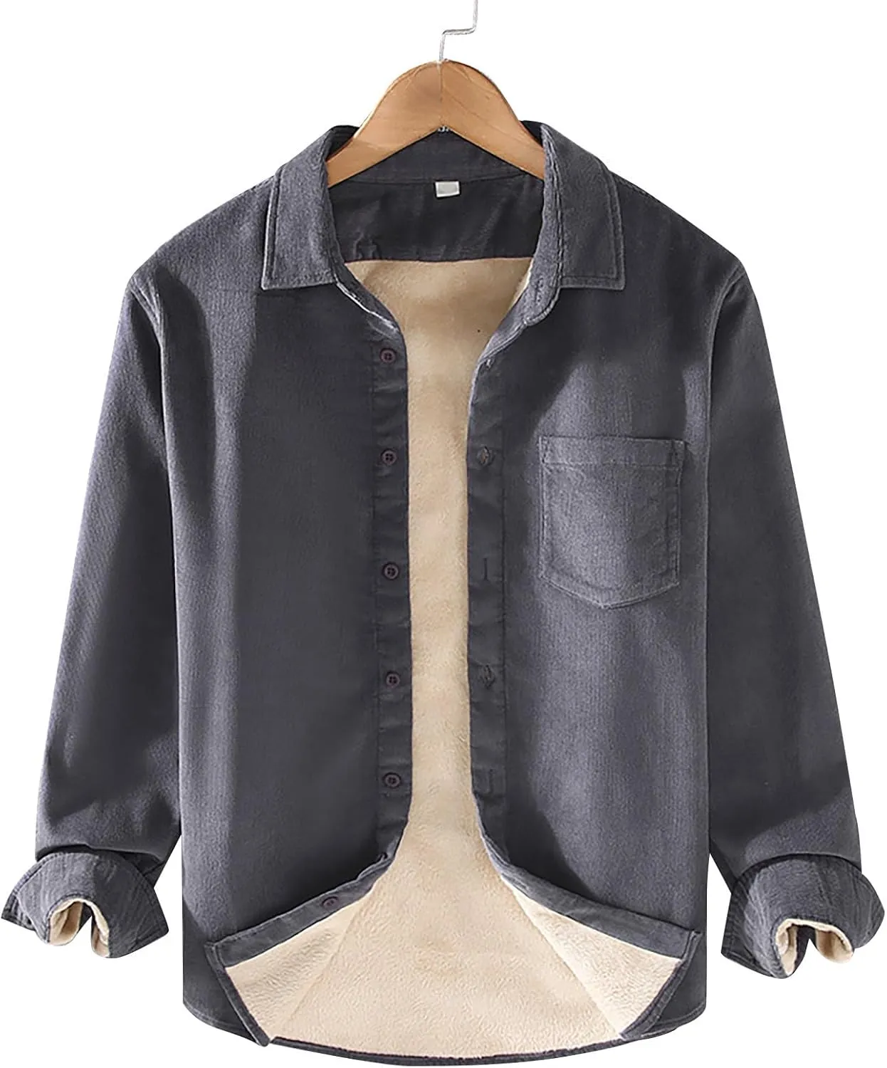 Sherpa Lined Shirt Men Plus Size Long Sleeve Cotton Snap Button Shirts Thermal Winter Casual Jacket with Chest Pocket