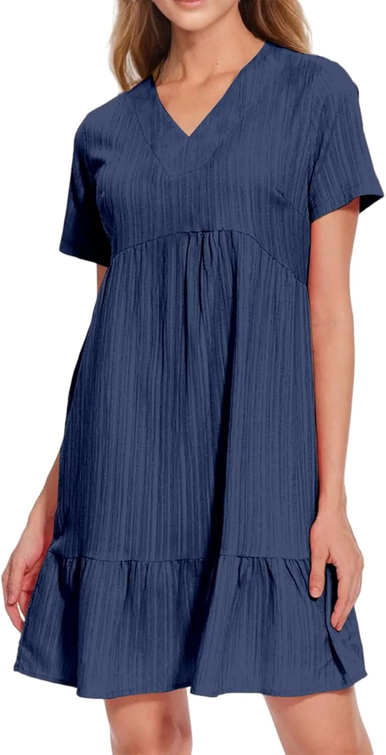 Short Sleeve Dress for Women Casual Summer V Neck Loose Ruffle Midi Dresses Solid Flowy Tiered Swing Beach Sundress