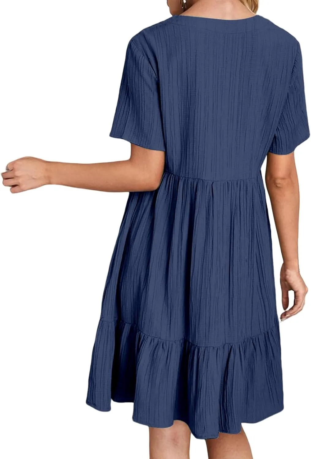 Short Sleeve Dress for Women Casual Summer V Neck Loose Ruffle Midi Dresses Solid Flowy Tiered Swing Beach Sundress