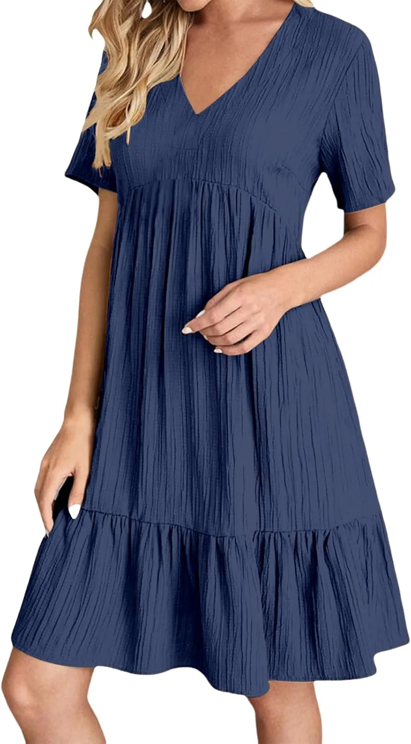 Short Sleeve Dress for Women Casual Summer V Neck Loose Ruffle Midi Dresses Solid Flowy Tiered Swing Beach Sundress