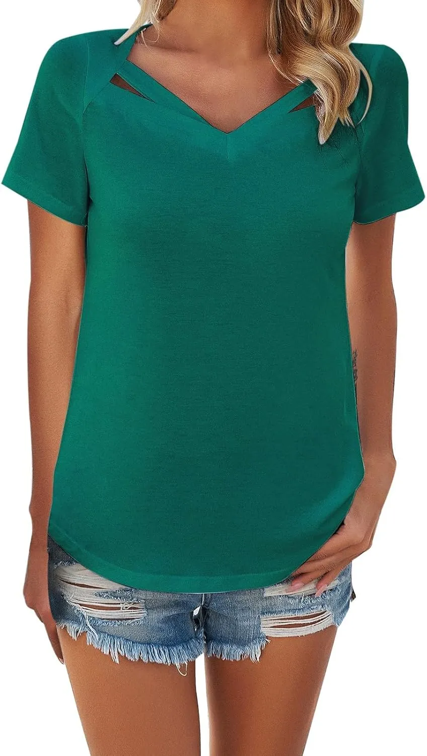 Short Sleeve Shirts for Women Vneck Hollow Crossed Solid Color Tshirts Casual Fashion Breathable Comfy Vacation Tees