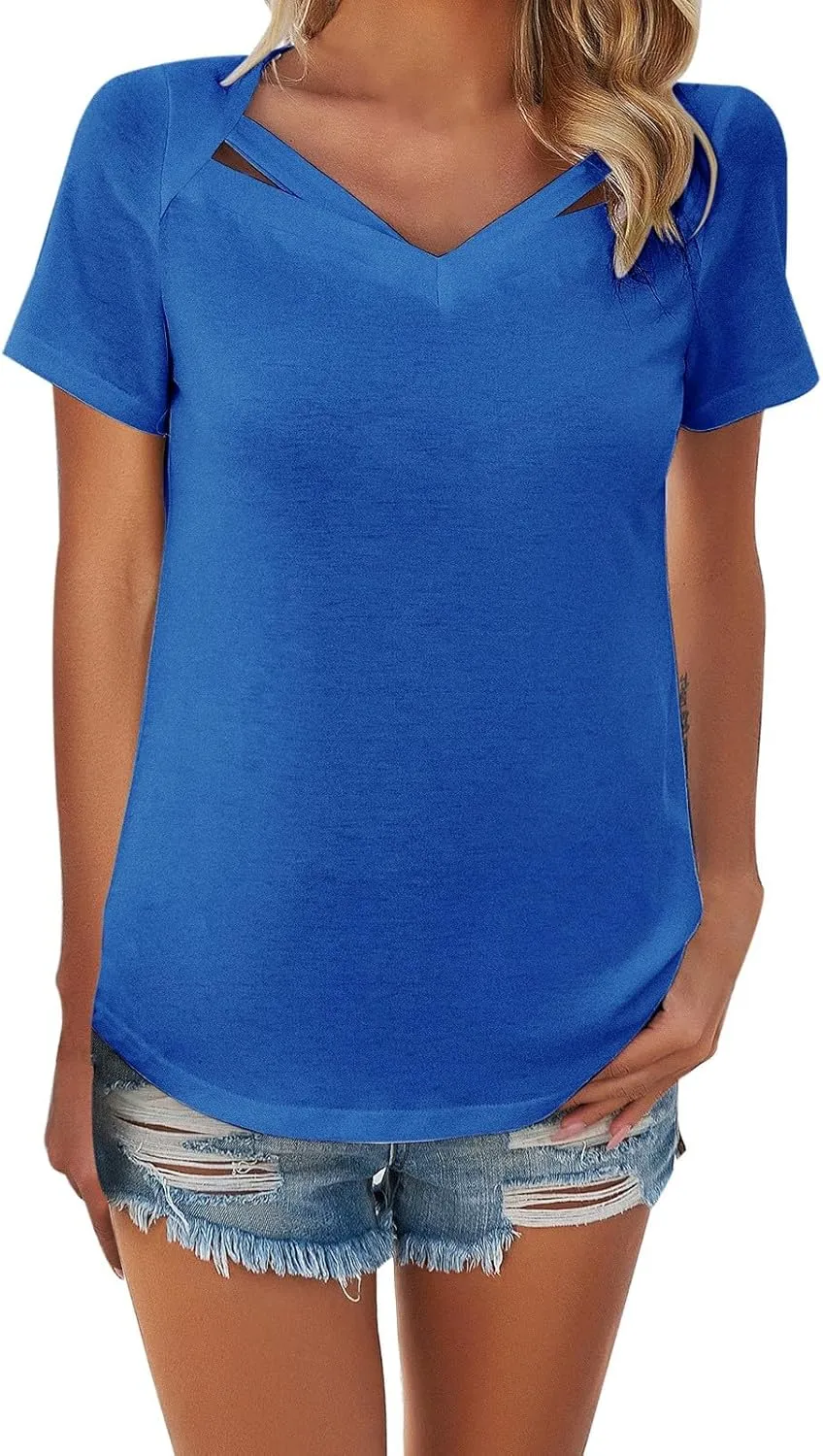 Short Sleeve Shirts for Women Vneck Hollow Crossed Solid Color Tshirts Casual Fashion Breathable Comfy Vacation Tees