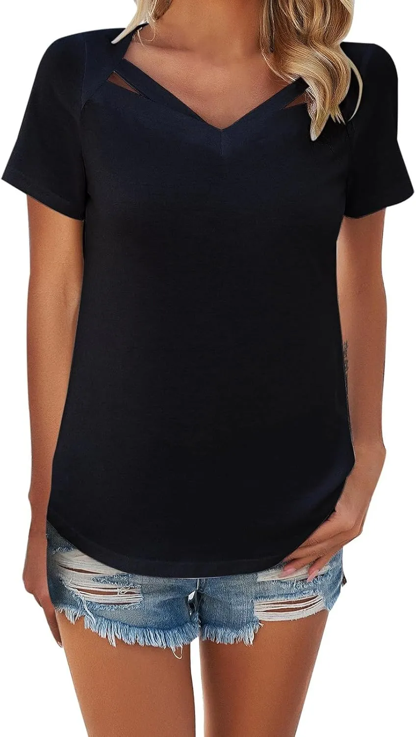 Short Sleeve Shirts for Women Vneck Hollow Crossed Solid Color Tshirts Casual Fashion Breathable Comfy Vacation Tees