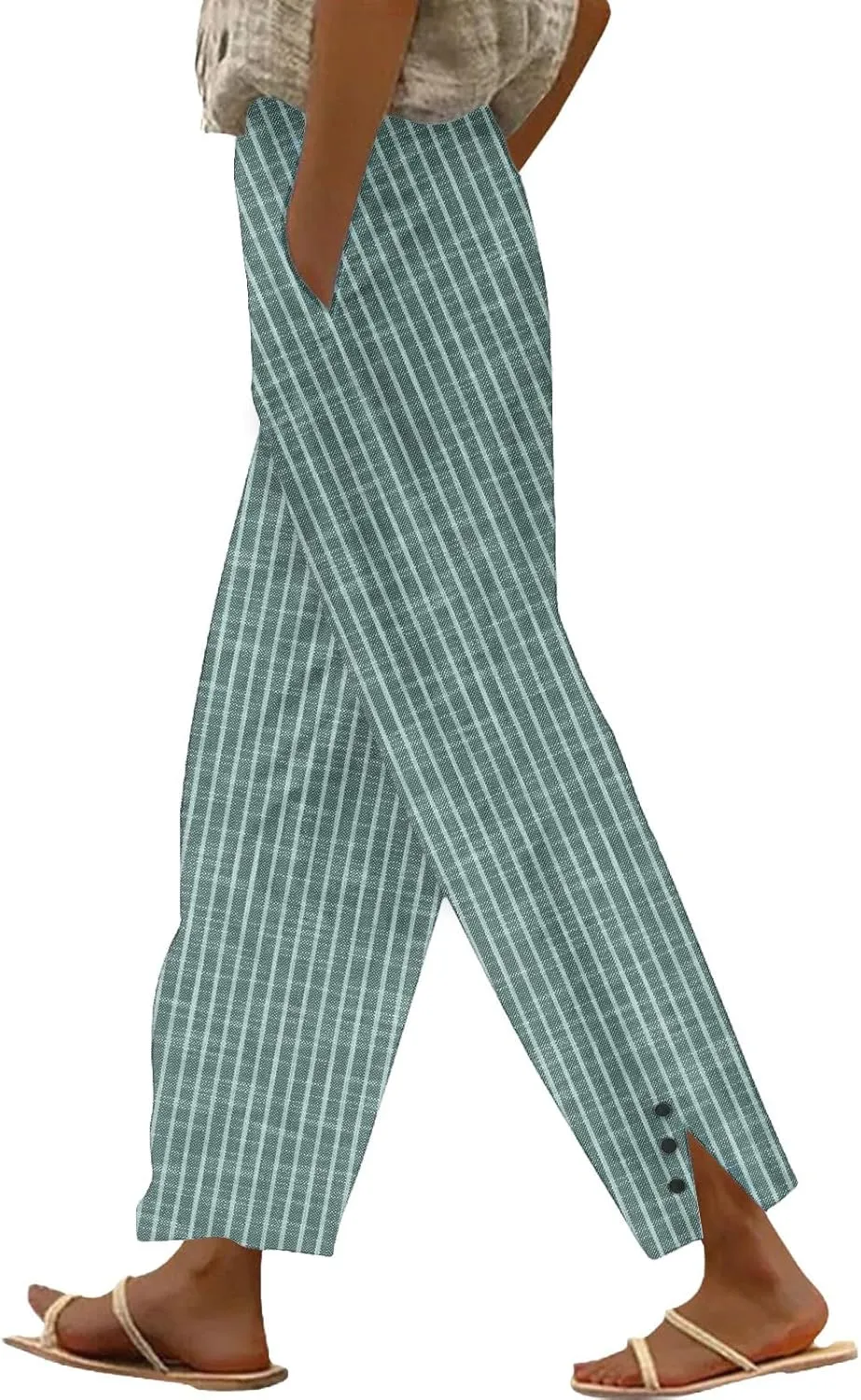 Striped Linen Pants for Women Summer Casual Beach Capris High Waisted Light Weight Gauze Vacation Pinstripe Trousers
