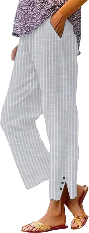 Striped Linen Pants for Women Summer Casual Beach Capris High Waisted Light Weight Gauze Vacation Pinstripe Trousers