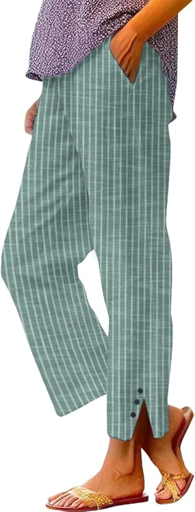 Striped Linen Pants for Women Summer Casual Beach Capris High Waisted Light Weight Gauze Vacation Pinstripe Trousers